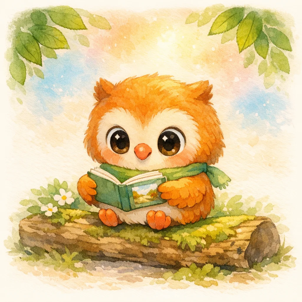 絵本を読むフクロウのモッティ